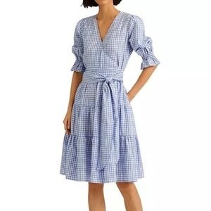 Lauren Ralph Lauren‎ Linen Gingham Fit Flare Wrap Midi Dress Size 6 Blue V Neck